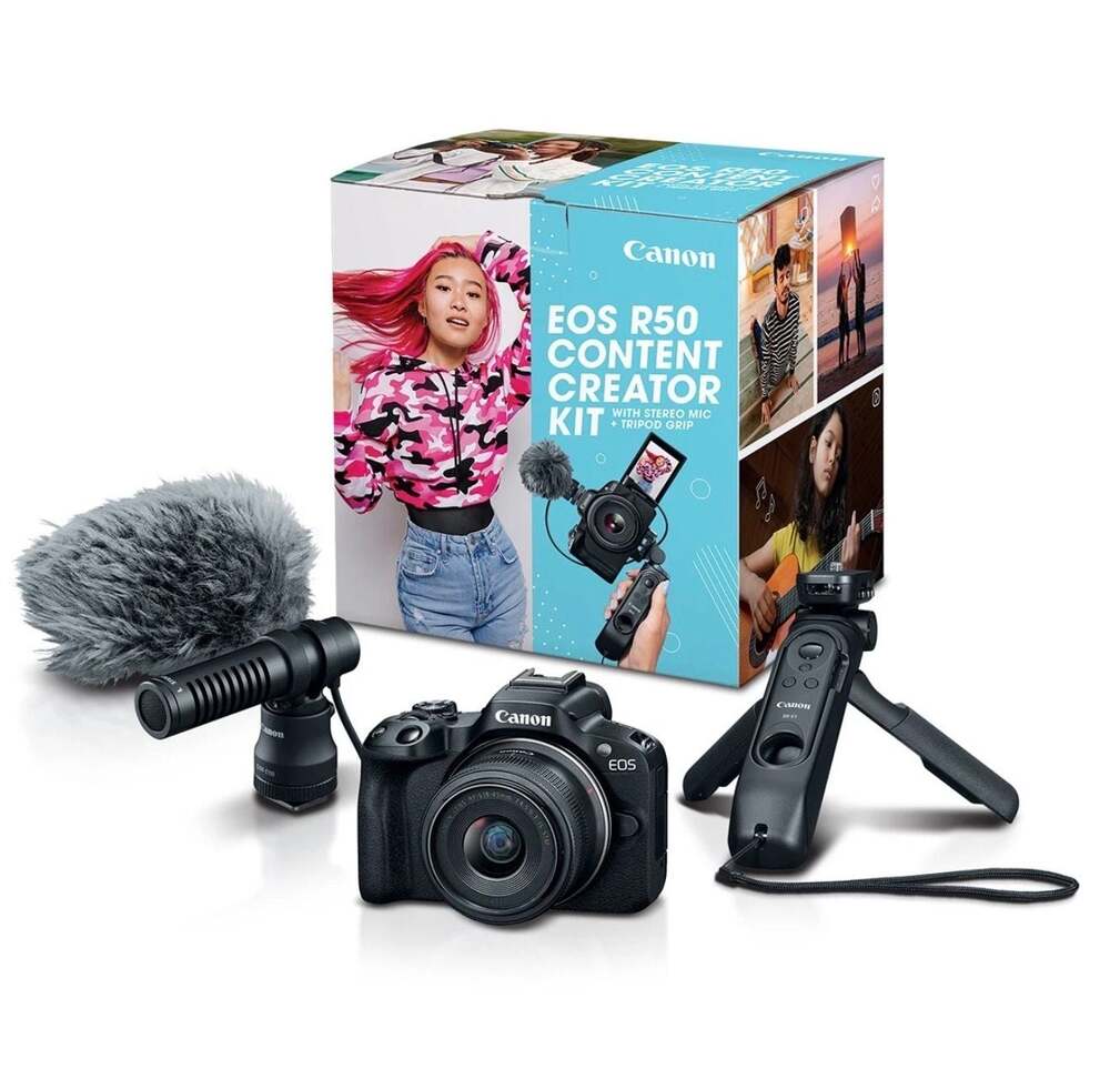 Canon EOS R50 Content Creator Kit with RF-S 18-45mm Lens, Stereo Mic, and Tripod